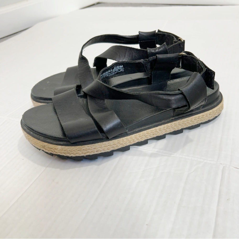Sorel Roaming Criss Cross Sandals Jute Black Leather Size 8 Espadrille Summer - Picture 2 of 10